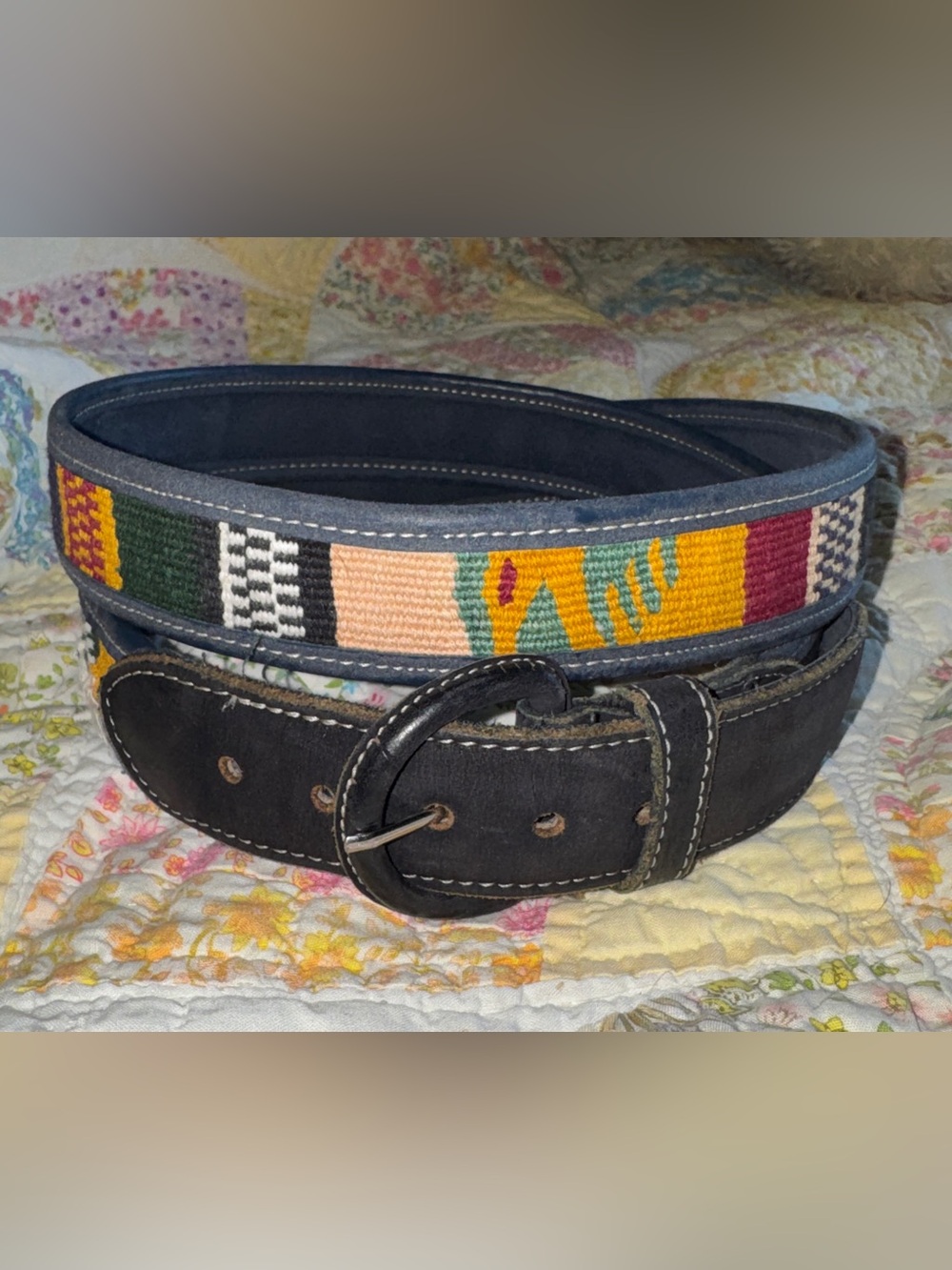 VTG Colorful Guatemalan Hand Woven & Leather Boho Belt 40-43”